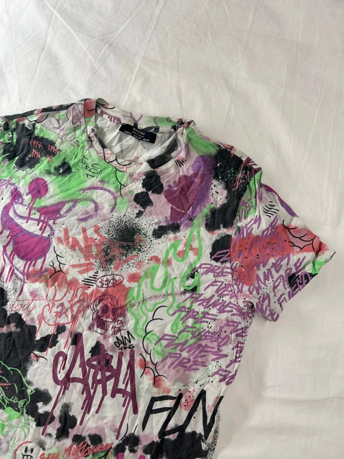 Wit paars groen vintage motief T-shirt Bershka – photo 5